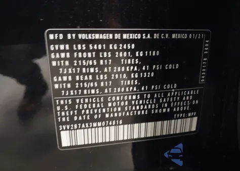 2021 Volkswagen Tiguan 2.0T Se/2.0T Se R-Line Black/2.0T Sel z USA, uszkodzony, nr VIN 3VV2B7AX3MM074816